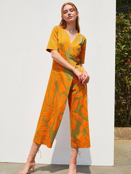 Other - Green & Orange Tropical Print Wrap Jumpsuit – Short Sleeve Wide Leg
